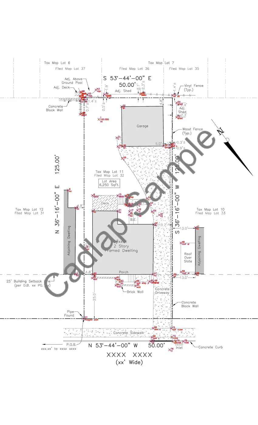 Finished boundary survey drawing produced by CadLap, with bearings, distances and monument notes